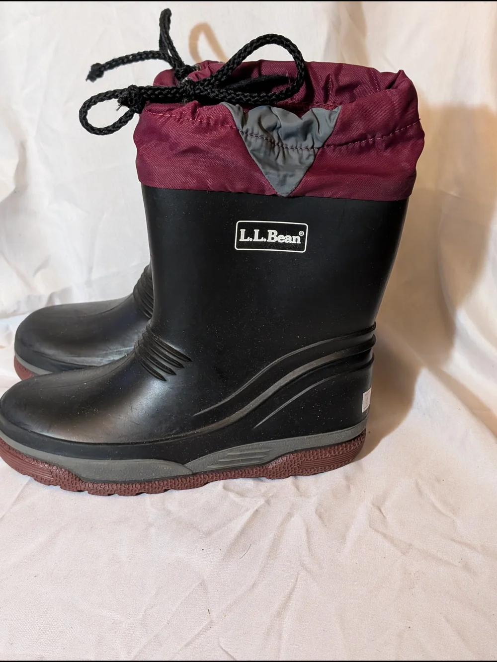 L.L.Bean Black Rubber Rain Boots with Burgundy Cuff